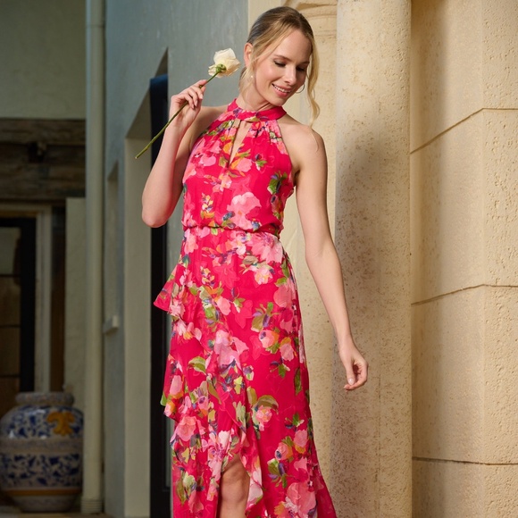 Adrianna Papell Floral Chiffon Keyhole Halter Maxi Dress In Pink Multi Size 8 - Picture 1 of 3